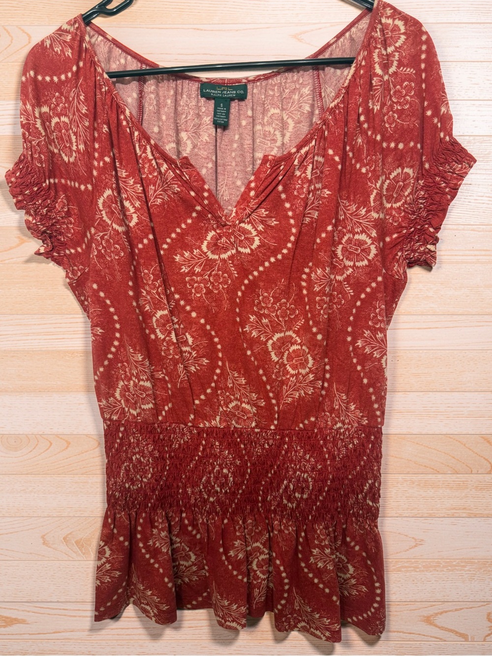 Ralph Lauren Red Floral V-Neck Smocked Waist Tunic